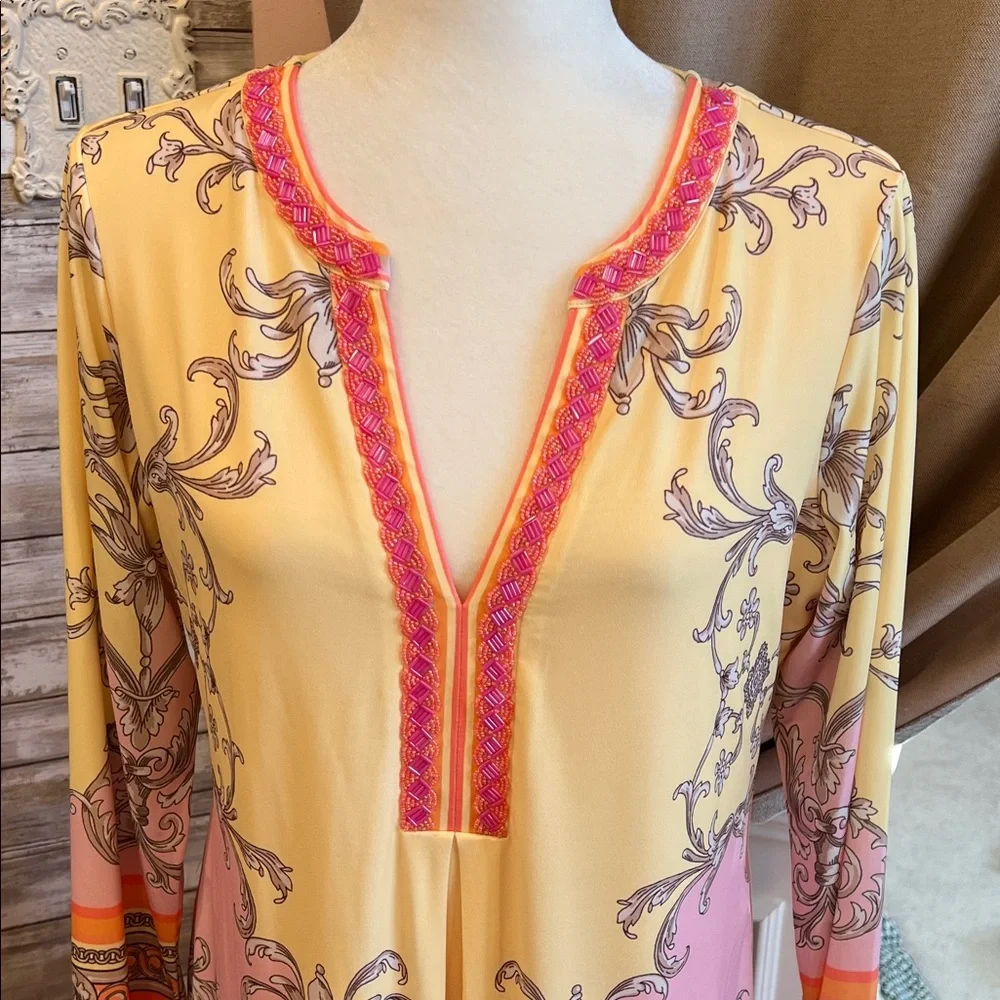 Hale Bob Beaded Long Sleeve Dress in Yellow and Pink, NWT, L - Picture 3 of 12